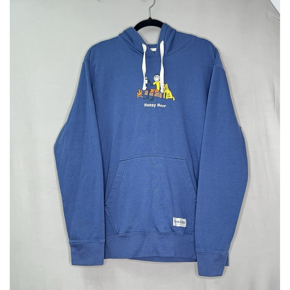 Life Is Good Heavy Warm Mens L Fleece Lined Hoodie Happy Hour Graphic Blue